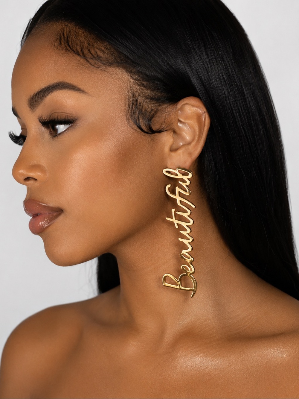 AMINAH ABDUL JILL I.N.C Gold 'Beautiful' Script Drop Earrings